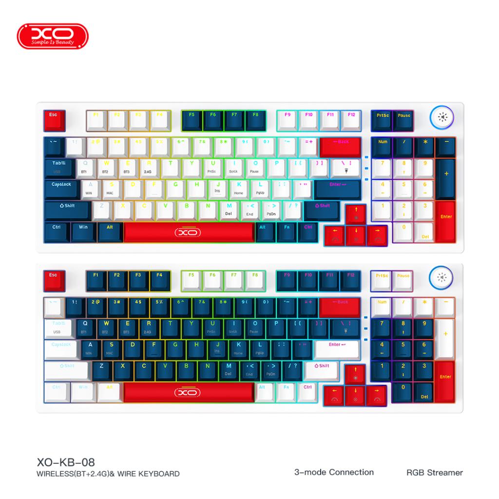 تصویر کیبورد گیمینگ XO-KB08 با نور RGB و اتصال USB مناسب برای گیمرها
