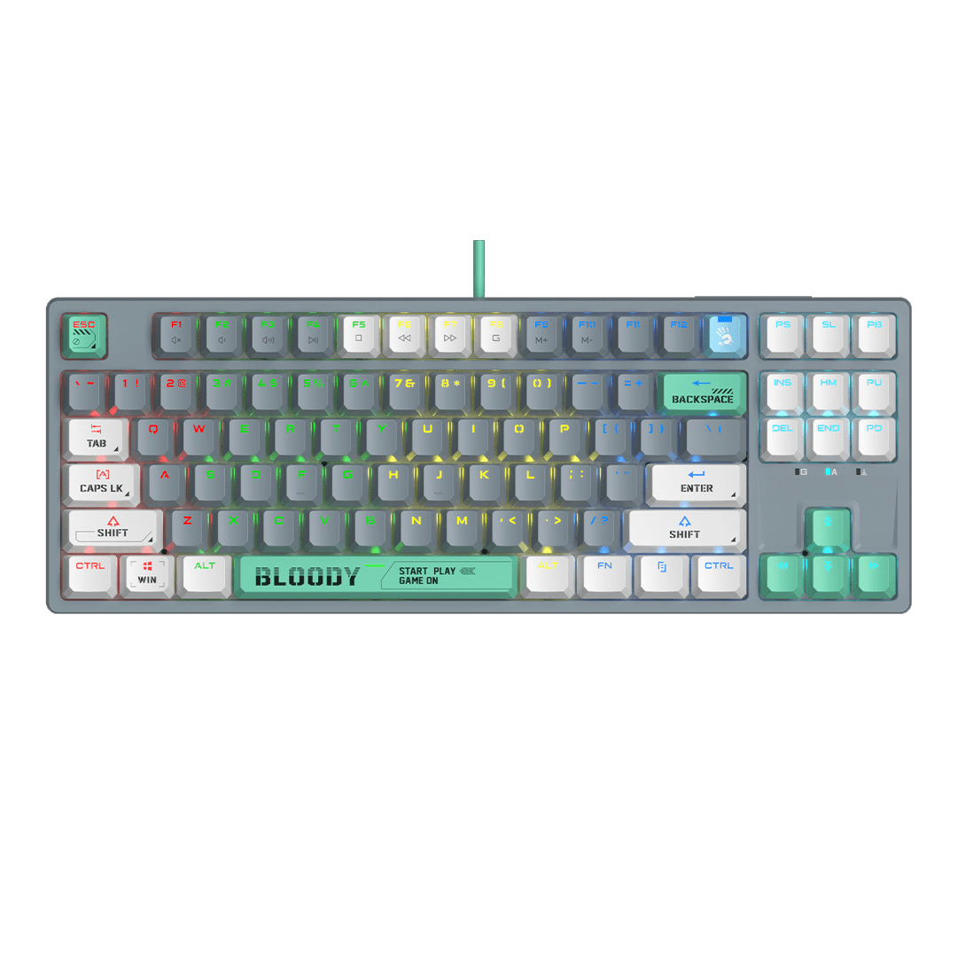 تصویر کیبورد گیمینگ A4Tech Bloody S87 با نورپردازی RGB و بدنه فلزی مشکی