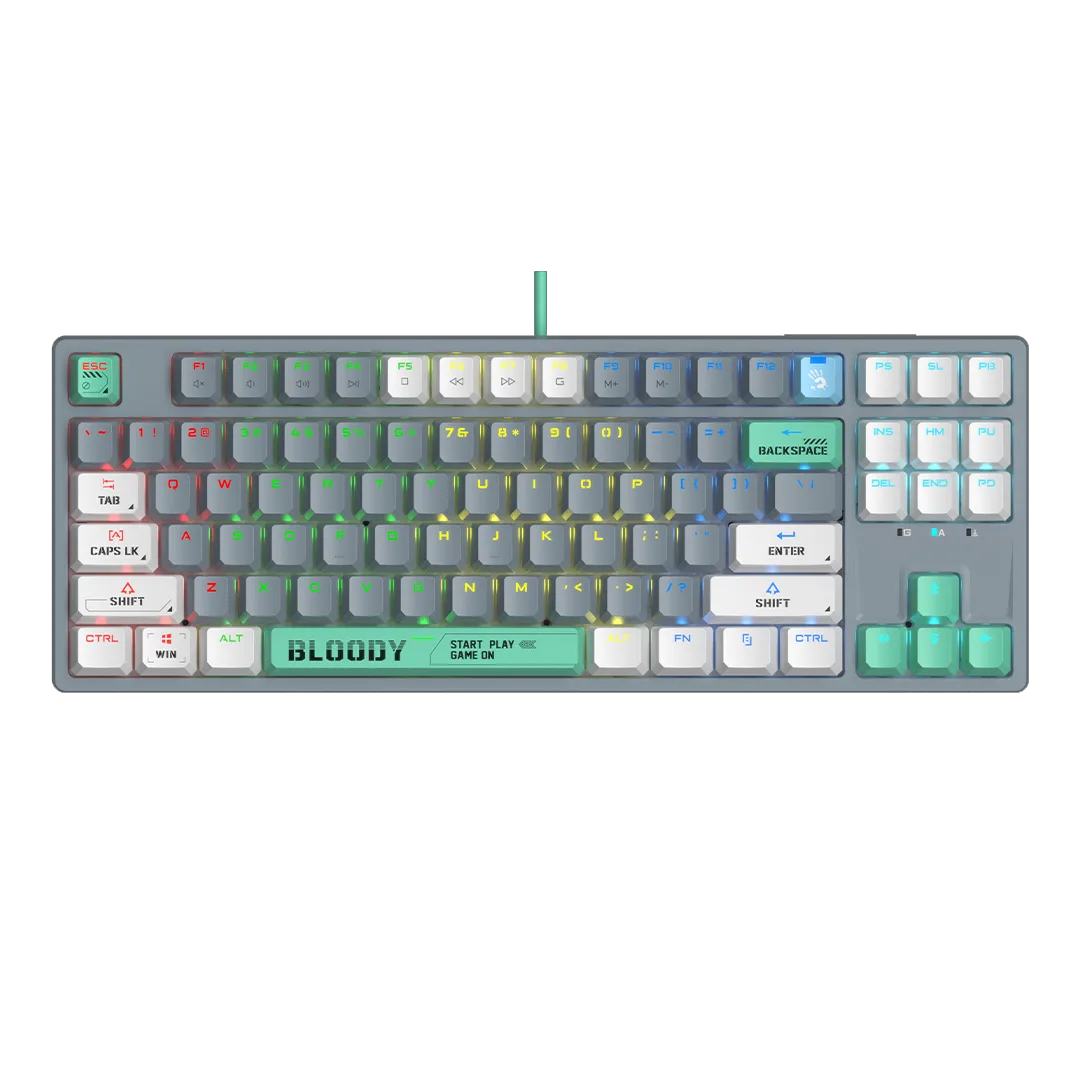 تصویر کیبورد گیمینگ A4Tech Bloody S87 با نورپردازی RGB و بدنه فلزی مشکی